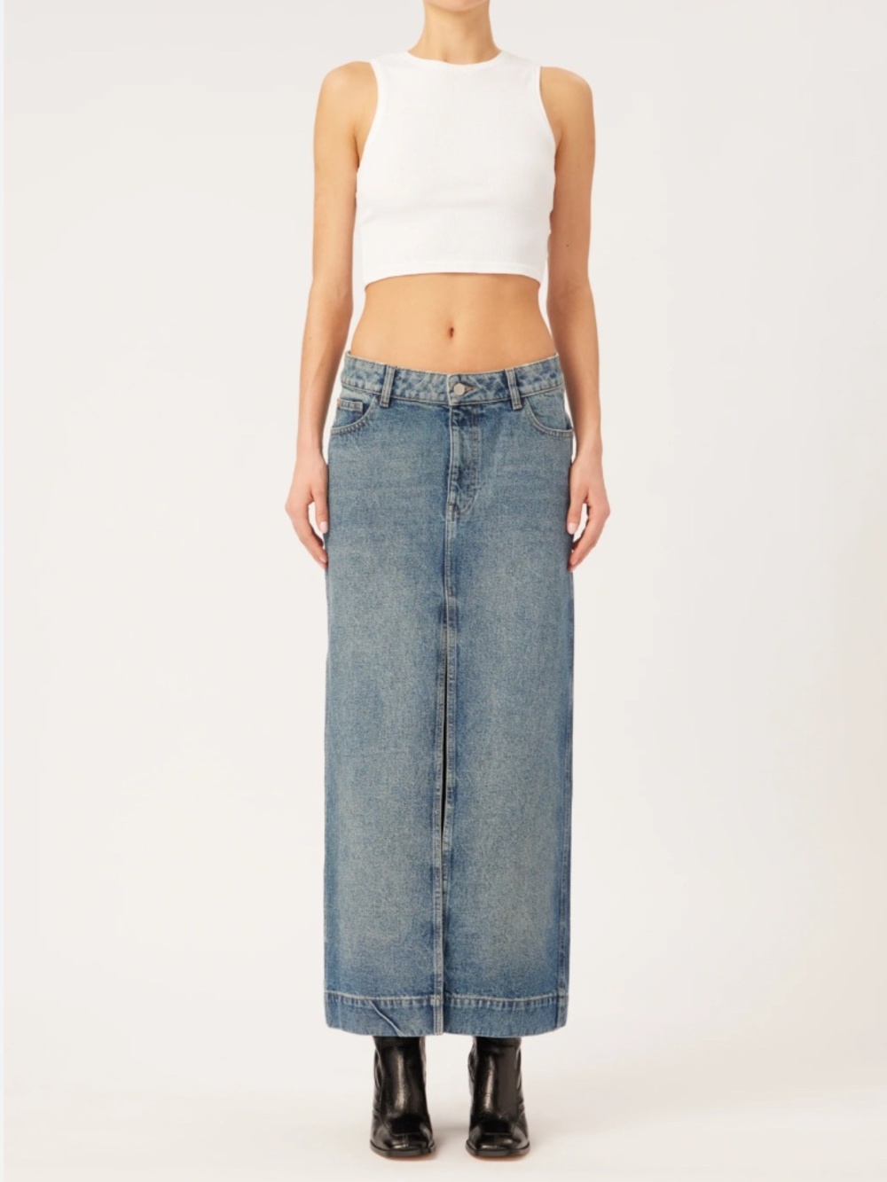 DL1961 ASRA Denim Skirt Low Rise Maxi Skirt  Front Slit Full length Size 24